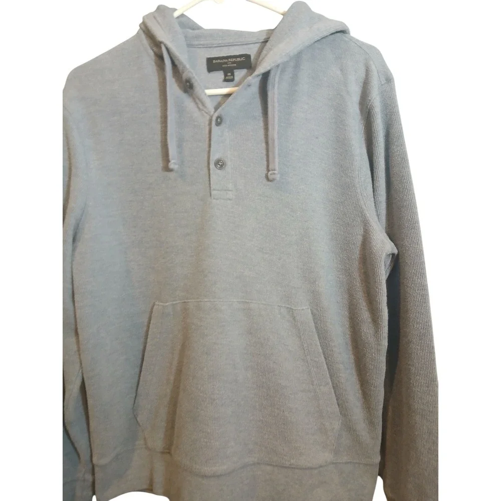 Banana Republic Mens Blue Waffle Knit Henley Eco Hoodie Pullover Medium Blue